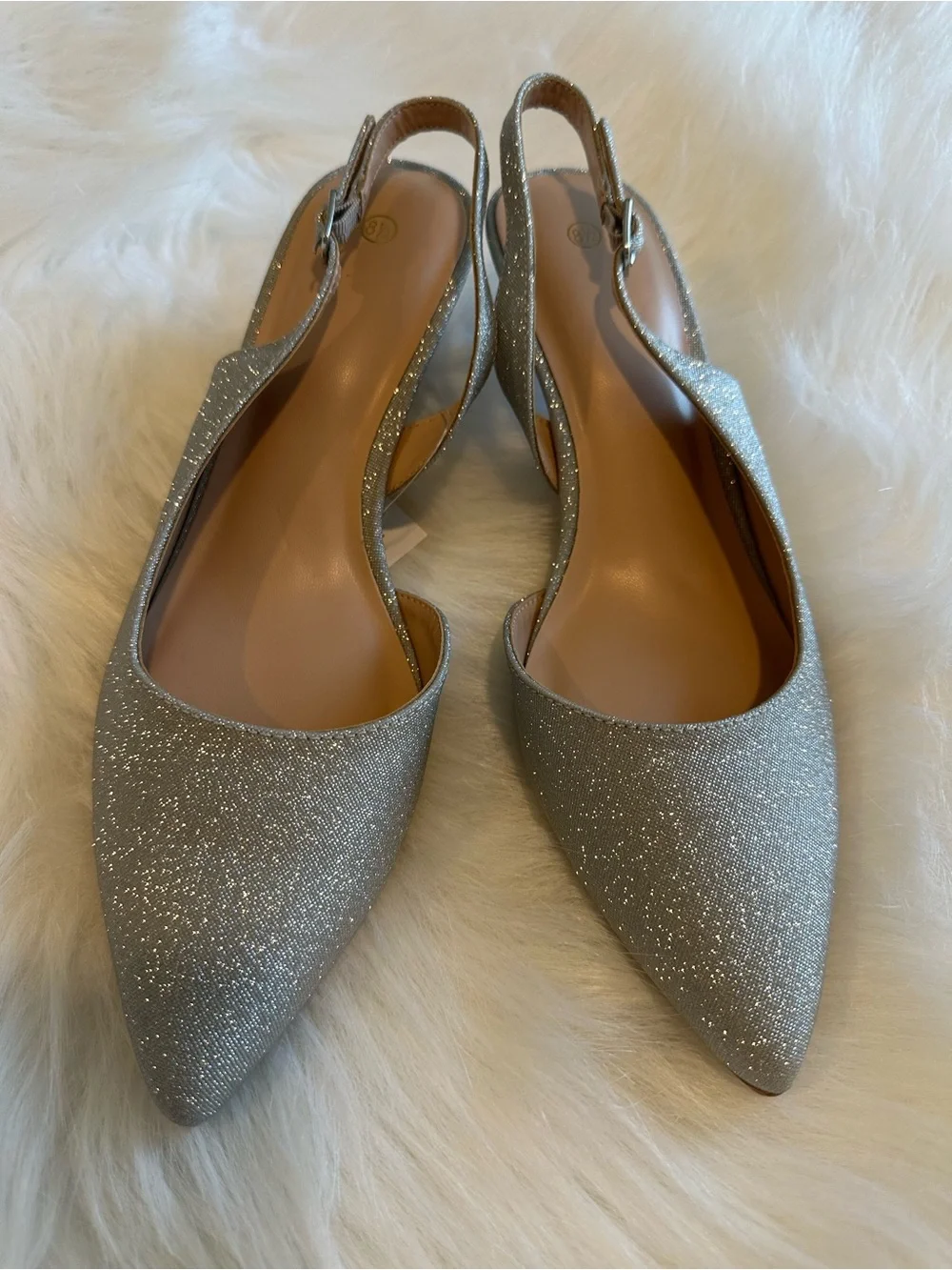 Mysoft Silver Glitter Slingback Kitten Heel Pumps Sz 8.5 NWT